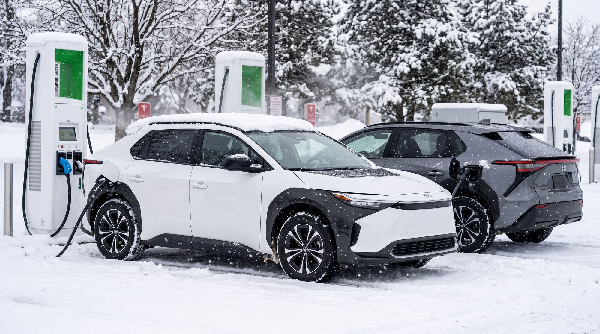 Toyota EV Charging in winter weather and snow near Six Flags Great America